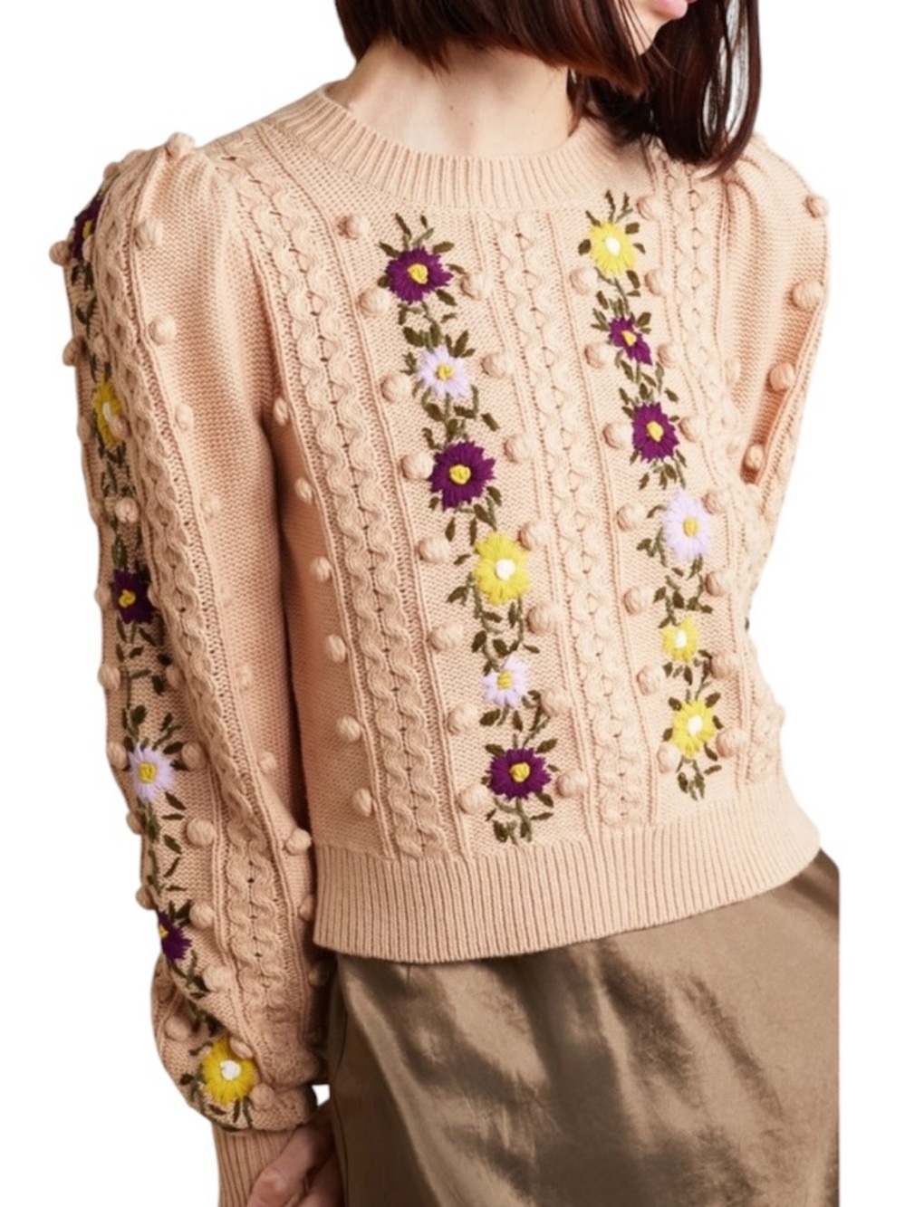 Alice + Olivia Enid Floral Embroidered Puff Sleeve Wool Blend Sweater Large - Picture 11 of 11